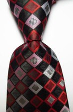 New Classic Checks Black White Red Pink JACQUARD WOVEN Silk Men's Tie Necktie