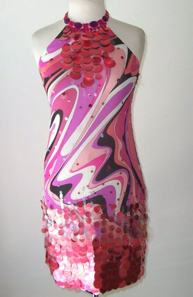 EMILIO PUCCI Pink Silk Jewel Paillette Sequin Embellished Open