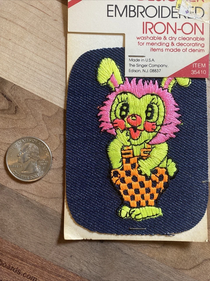 Vintage Singer Designer Embroidered Iron-On Denim Patch Neon Bunny - Image 4 of 4