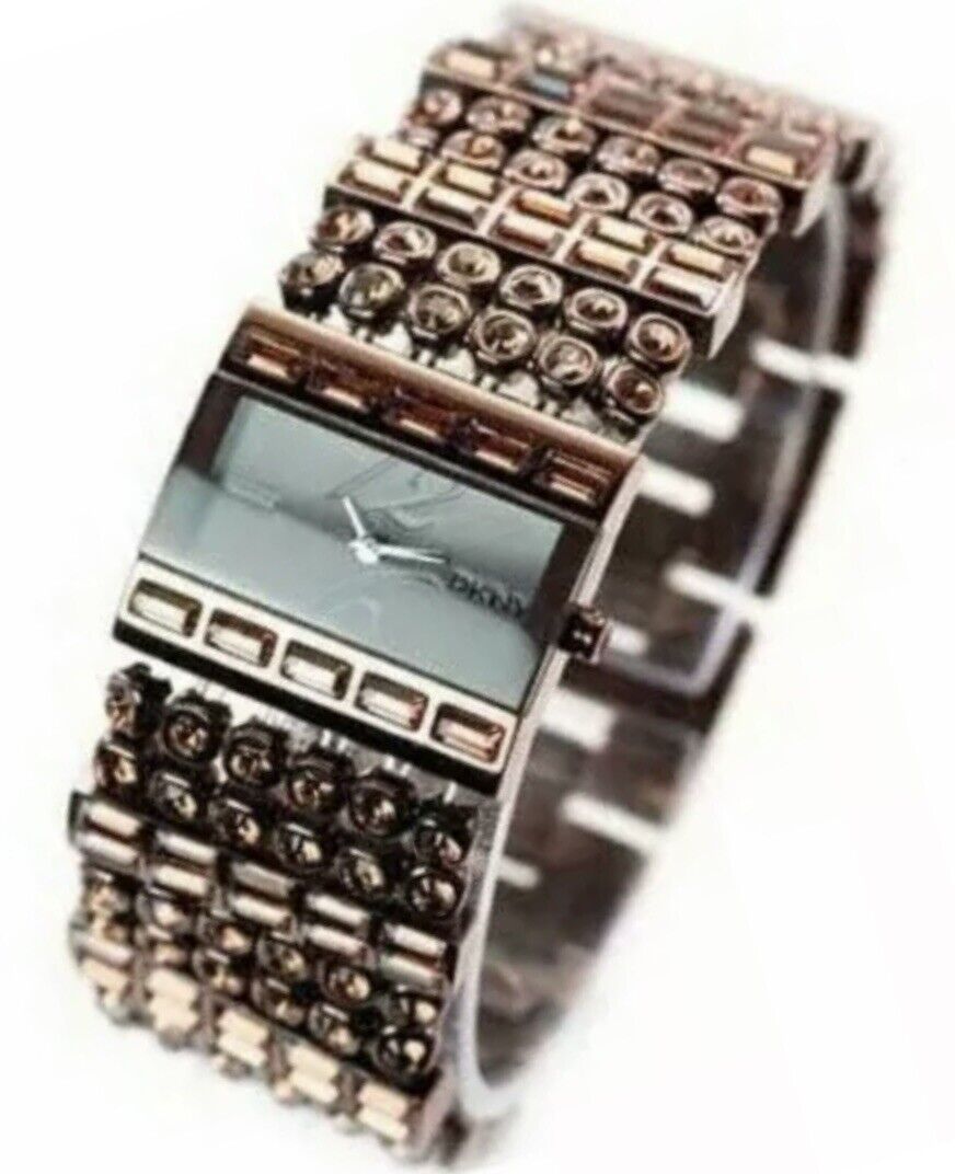 DKNY NY3970 Woman’s Rectangle Watch Brown Steel And Crystal Bracelet Brown Dial