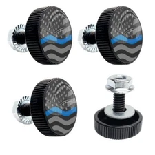 4 Black "BLUE LINE W" License Plate Frame Bolts - Motorcycle Custom Tag Fastener