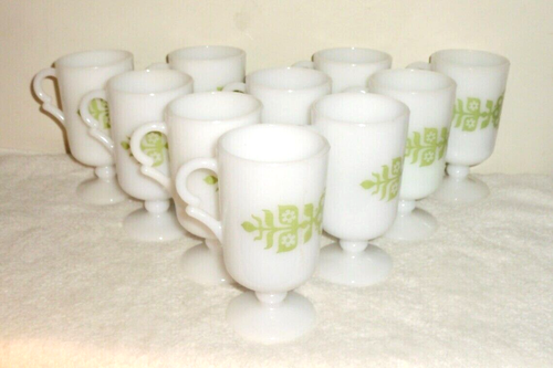 Tazas de café de té espresso 10 vasos de leche blancos vintage con pedestal litográfico de flores verdes - Imagen 4 de 5