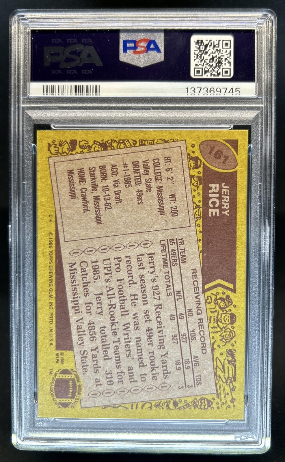 1986 Topps Jerry Rice Rookie RC #161a 49ers PSA 7 view 2