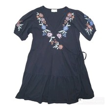 ASOS Black Embroidered Puff Sleeve Wrap Mini Dress Size 14 Cotton