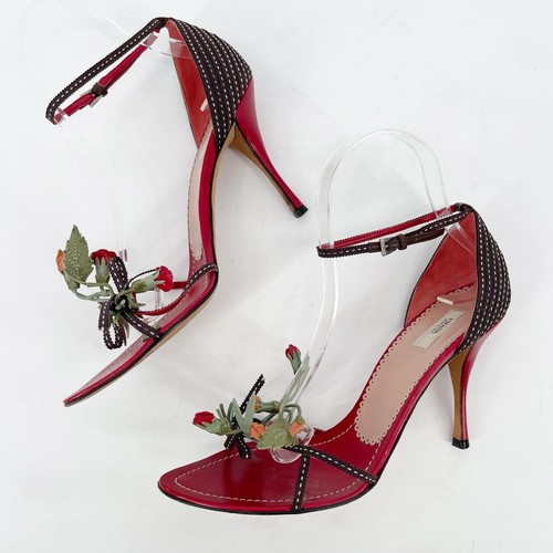 Prada Vintage Red Brown Floral Bouquet Bow Detail Ankle Strap Sandal Heel IT 38 - Picture 6 of 11