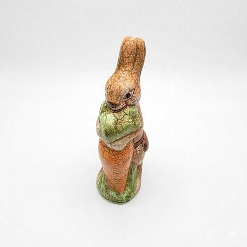 Vintage Crackle Glaze Ceramic Bunny Rabbit Figurine Holding Carrot Easter Decor