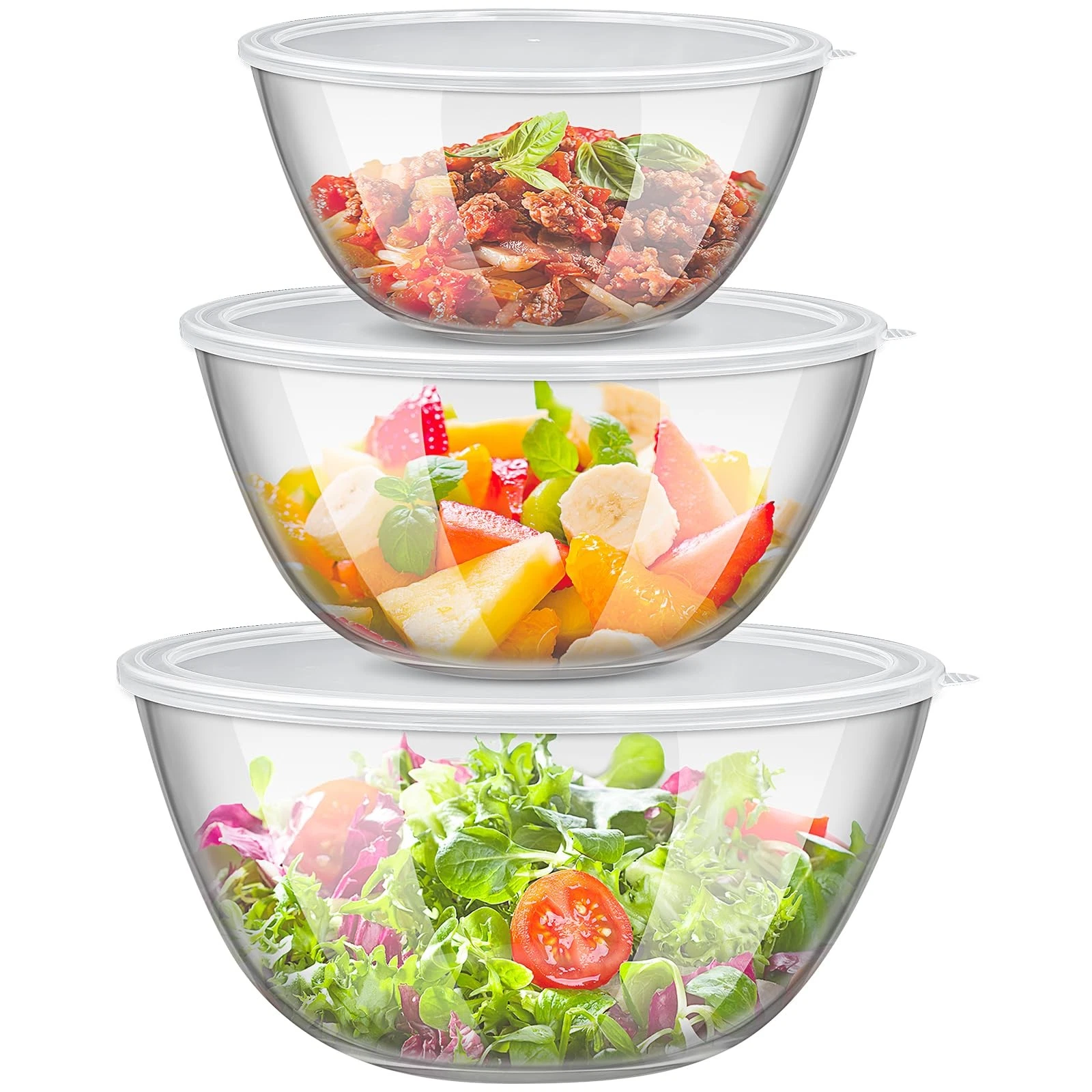 Glass Mixing Bowls with Lids Set of 3(4.4QT,2.7QT,2.1QT),Thick Glass Bowls Cl...