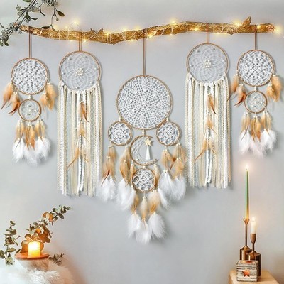 5tlg Boho Traumfänger Set Makramee Wandbehang Mond Stern Deko