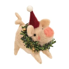 Pig with Wreath Santa Hat Felt Critter Figurine Gift Holiday Christmas Mouse