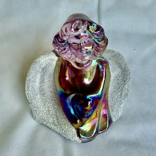 Iridescent Glass Angel Figurine with Glitter Wings, Glossy Art Glass, Multicolor