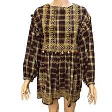 Zara Plaid Mini Dress Small Pom Pom Embroidered Flowy Loose Fit Balloon Sleeve