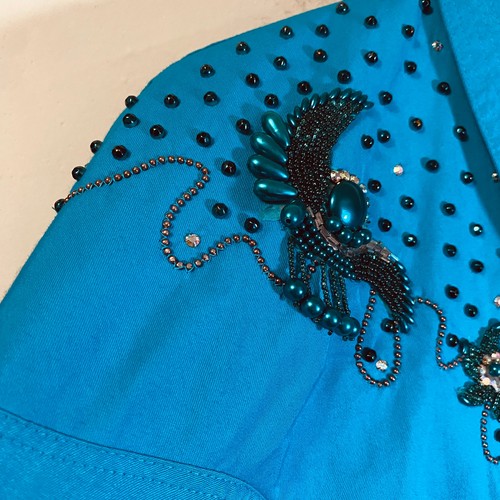 Vintage 80s Two Piece Jumpsuit & Jacket Set Teal/Turquoise Beaded Embellished 10 - Picture 6 of 19