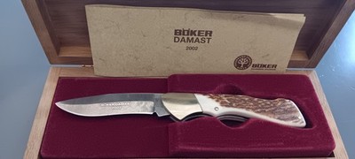 2002 Boker Damast Folding Pocket Knife Stag 300 Lagen Damascus Solingen Germany