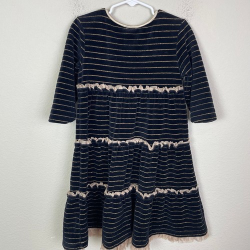 Hanna Anderson Black Gold Stripe Long Sleeve Velvet Fit & Flare Dress 110 us5 - Picture 5 of 5