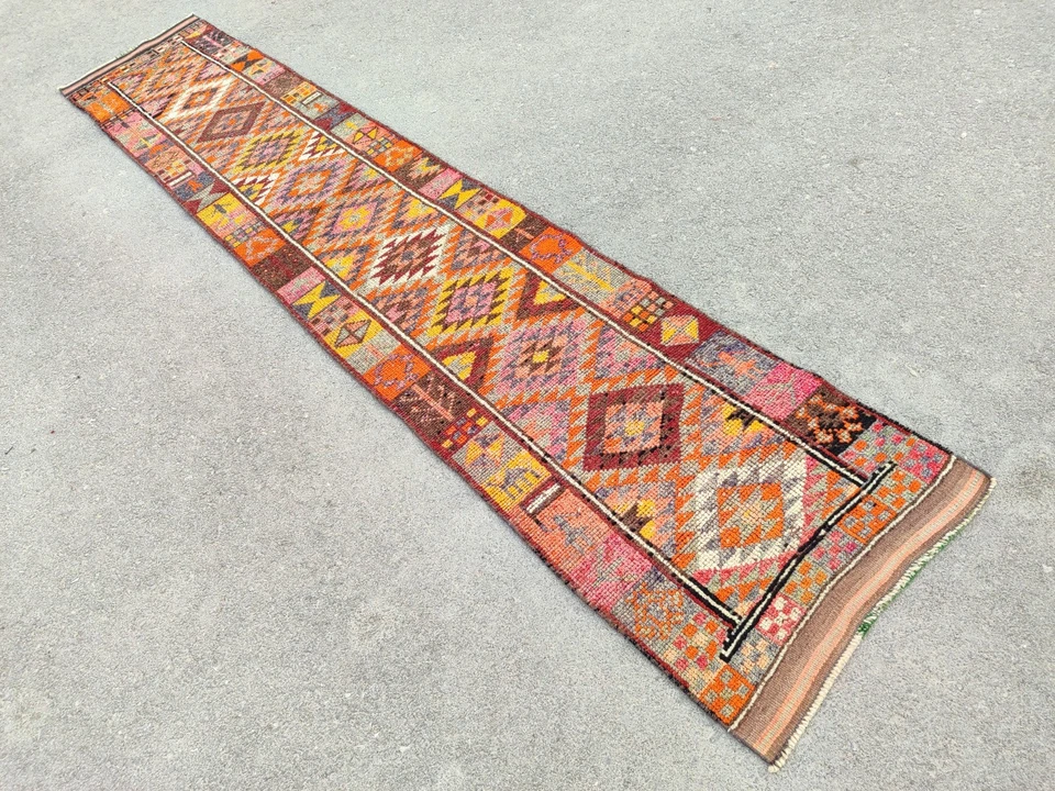 Alfombra antigua 3x14 pies colorida, corredor turco 3x14 vintage, alfombra Heriz, alfombra Herki Foto 3 de 4