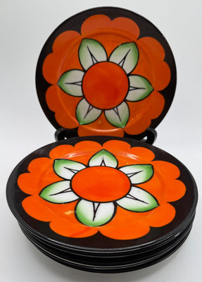 6 Vintage Meito China Hand Painted Japan Orange Flower Dessert Plates 6 1/2'' GUC