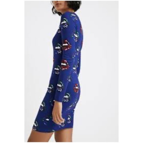 Desigual Women’s Sz S NWT Blue Pop Lips Print Dress Long Sleeve Fitted Mini - 第 2/15 張圖片