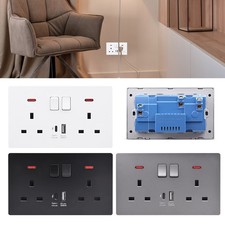 Double Wall Plug Socket 2 Gang 13A  Type-C+USB Charger Port Outlets Plate UK