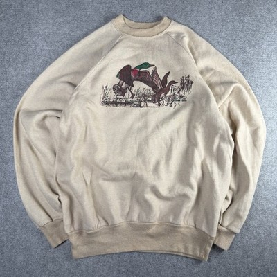 Vintage 80s Mallard Duck Hunting Nature Wild Life Beige Cream Large Sweatshirt