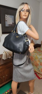 PRADA Vitello Daino Black Italy Leather Crossbody Hobo Bag BR5094 Handbag Brass