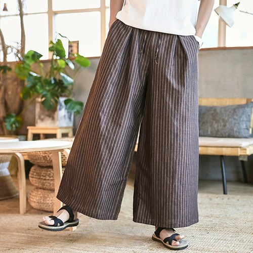 Pantalones Capri De Colección Para Hombre Lino Corte Suelto Pierna Ancha Rayas Kimono Pantalones Largos - Imagen 8 de 16