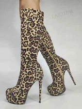 Women Knee High Boots Platform Full Zipper Up Faux Suede Thin High Heels Boots