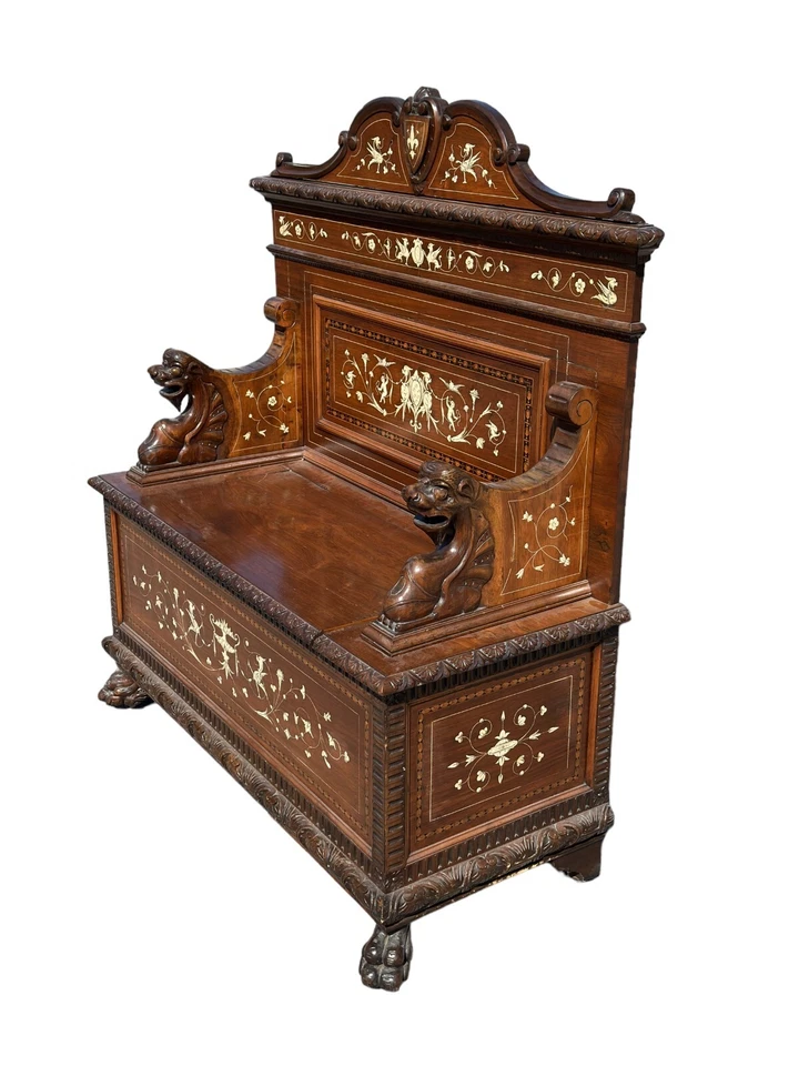 Antiguo banco victoriano Hall asiento leones incrustado años 1890 dragones querubines fino Foto 3 de 4