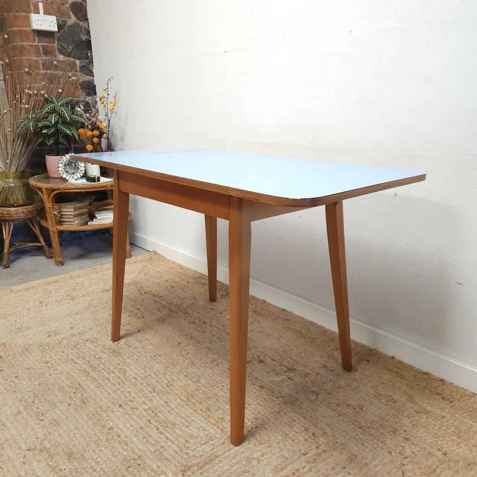 Retro Formica dining table Blue Mid century Drop Leaf Kitsch Vintage