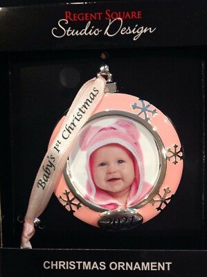 NEW STUDIO DESIGN baby's first christmas 2021 pink photo ball xmas ornament snow