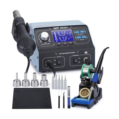 WEP 992D+ 2-in-1 Soldering Iron Kit and Hot Air Rework Station with 3 Preset ...