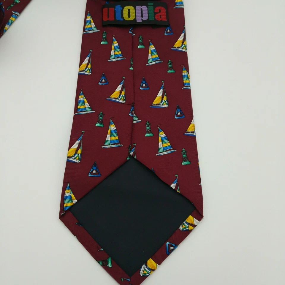 Utopia Maroon Red with Sail Boats Nautical 100% Silk Tie - Image 3 of 4