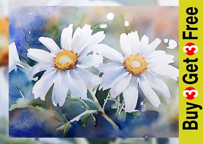 Zarte weiße Gänseblümchen 5''x7'' Druck auf mattem Papier | Weiches Aquarell Blumenkunst