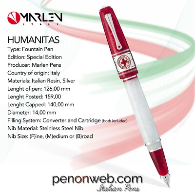 Marlen Humanitas Fountain Pen (F, M or B) | Italian Resin, Silver | Red Cross