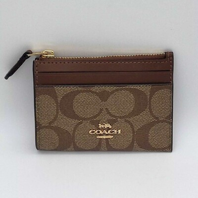 Coach Signature Mini ID Case Wallet Coated Canvas Khaki Saddle 2 NWT