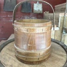 Vintage Primitive Wooden Firkin Sugar Bucket - 3 Finger Banded 10” No Lid
