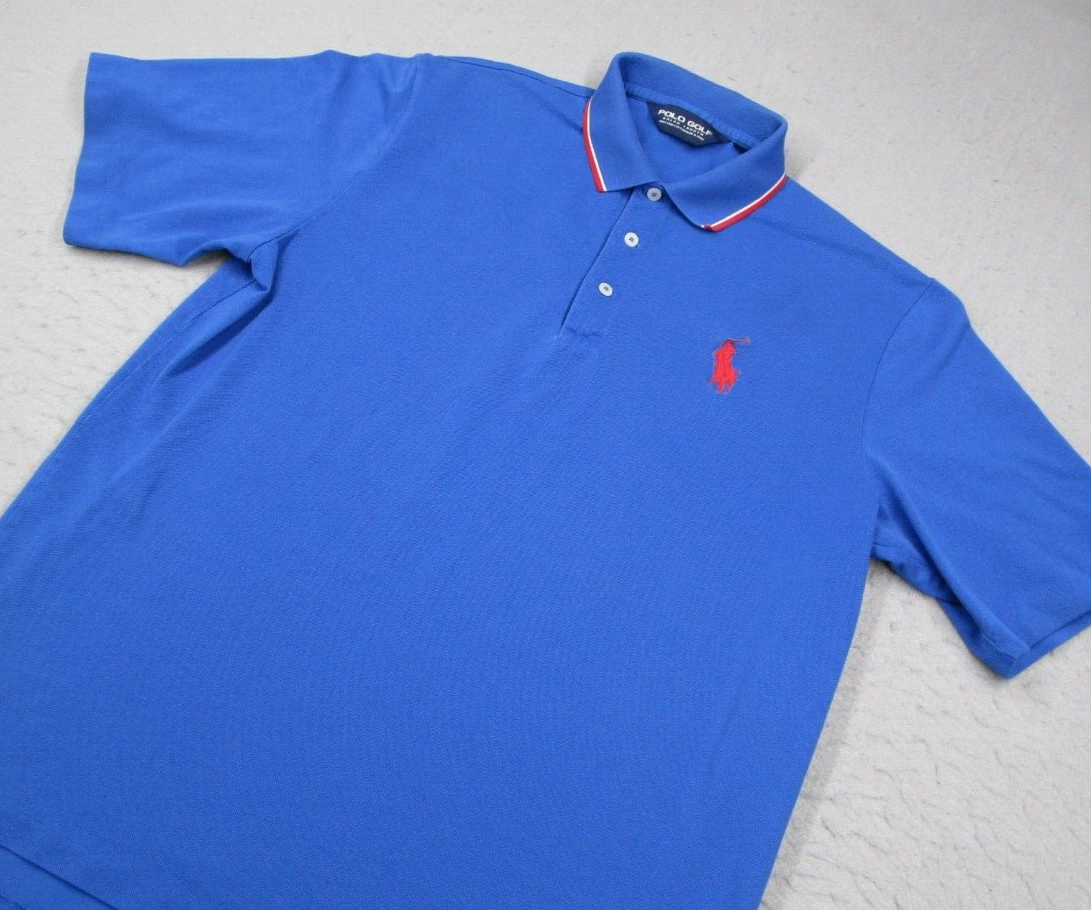 Polo Vintage Golf Ralph Lauren Camicia Uomo Media Blu Pima Pique Grande Pony Rosso