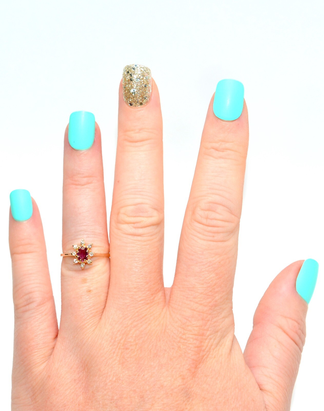 Natural Ruby & Diamond Ring 14K Solid Gold .29tcw… - image 2