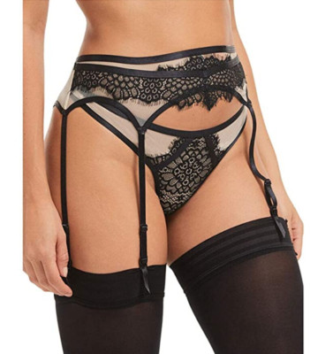 FIGLEAVES Strapsgürtel 6 Riemen schwarz/nude Fleur Wimpernspitze und Mesh 754702