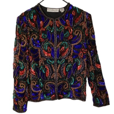 Vintage Scala Black Beaded Sequin Silk Evening Jacket Women's Size Medium