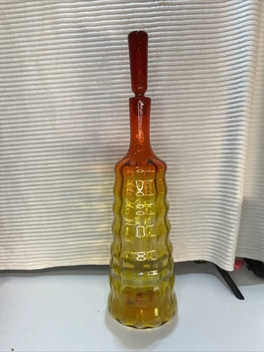 Vintage Blenko 658L Beehive Tangerine Glass Decanter. By Joel Myers 21”