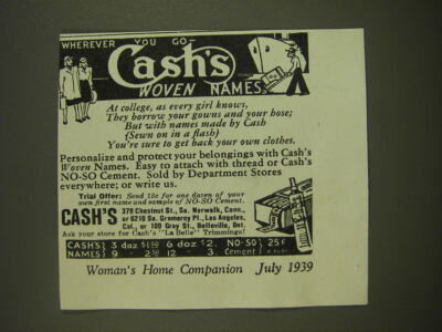1939 Cash's Woven Names Ad - Wherever you go Cash's woven names
