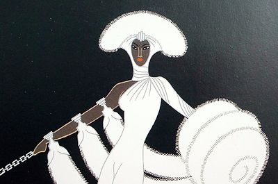 Erte 1987 EBONY and WHITE BROWN SKINNED LADY in FUR w GREYHOUND