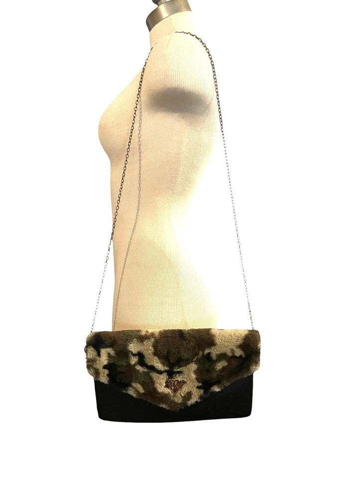 VTG BABY PHAT Y2K Black Brown Camo Faux Fur Flap Chainstrap Crossbody Bag RARE - Image 3 of 4