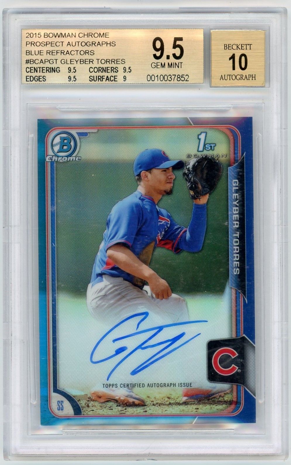 2015 Bowman Chrome GLEYBER TORRES #BCAPGT - Blue Refractor /150 - Auto - BGS 9.5