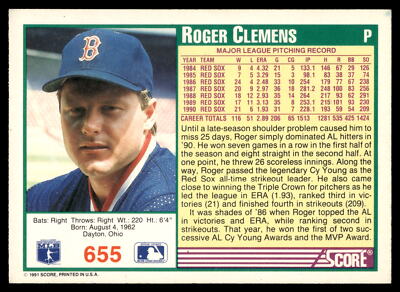 1991 Score Roger Clemens #655 Boston Red Sox Baseball Card | eBay