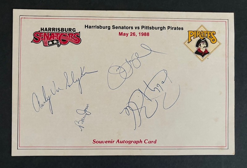 Harrisburg Senators Vs. Pittsburgh Pirates Exhibition Autographed Card 5/26/88