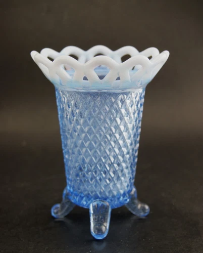 Vintage 1940s Fenton Katy Blue Diamond Point Opalescent Lattice Rim Vase