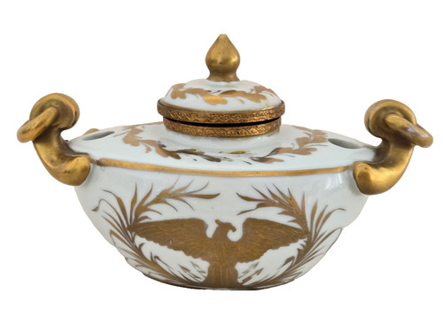 Antique 19th C Napoleonic Napoleon Porcelain Inkwell Imperial Eagle Bee Gilt
