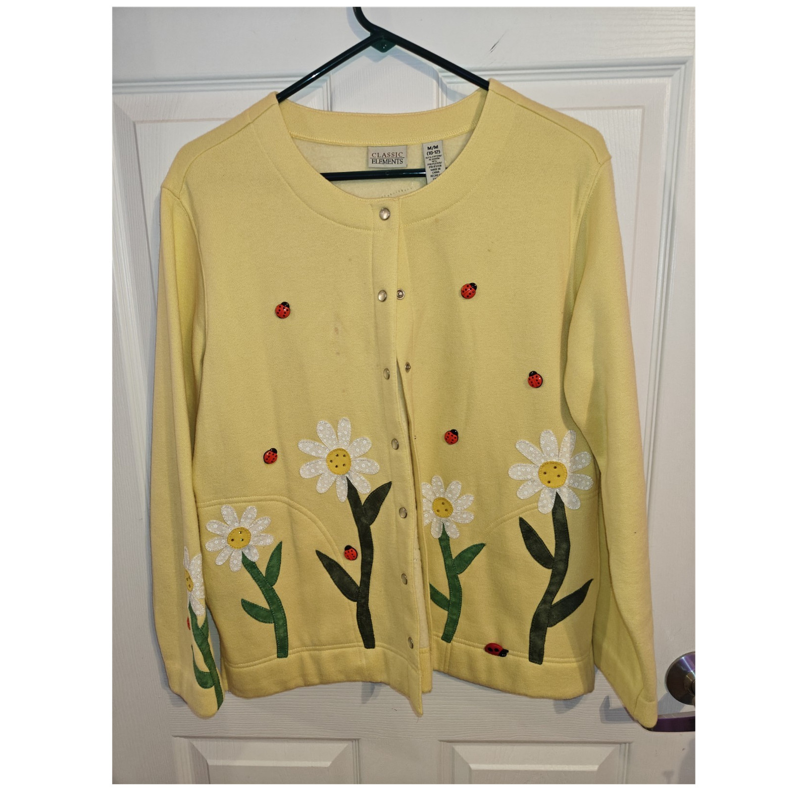 Classic Elements Yellow Floral Ladybug Cotton Knit Cardigan Sweater M