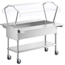 Stainless 4 Pan Ice-Cooled Food Table w/ 2-Sneeze Guard, Side Trays, 5" Casters